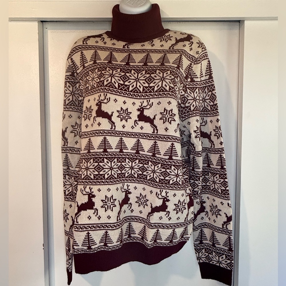 ASOS Women’s Medium Turtleneck Sweater Maroon Cream Snowflake